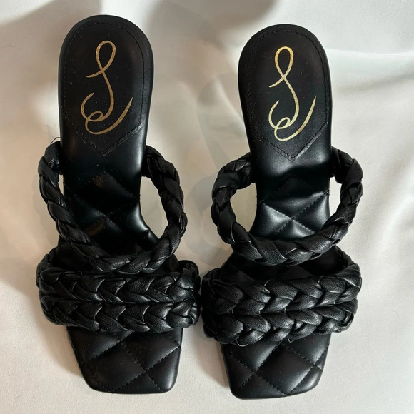 SAM EDELMAN SZ 8.5 Heels Slip on Mules Square Toe Braided Vegan Leather Sandals - Picture 3 of 11